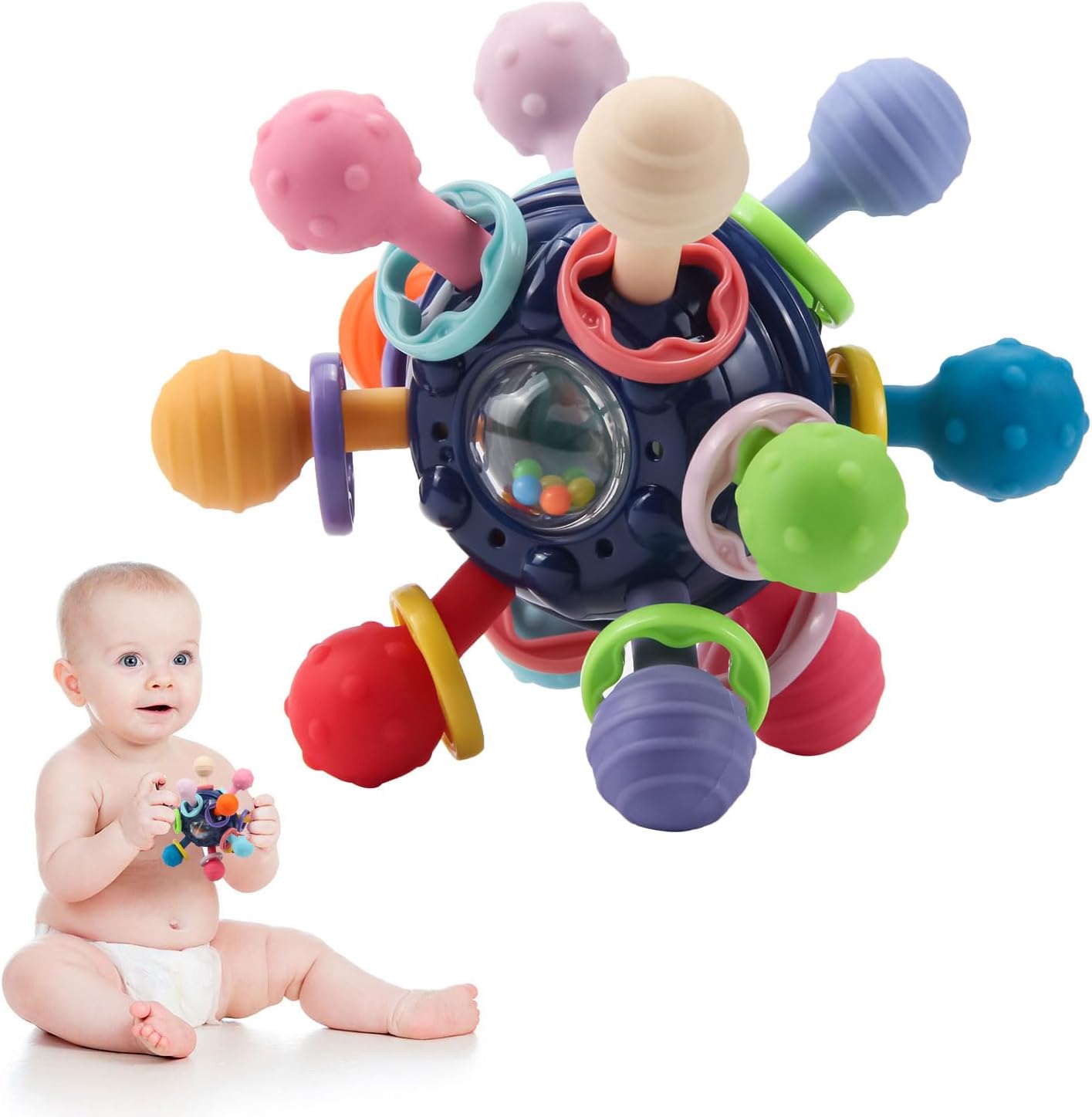 Baby Teething Toy with Rattle Soft Silicone Teether Infant Teething Ring