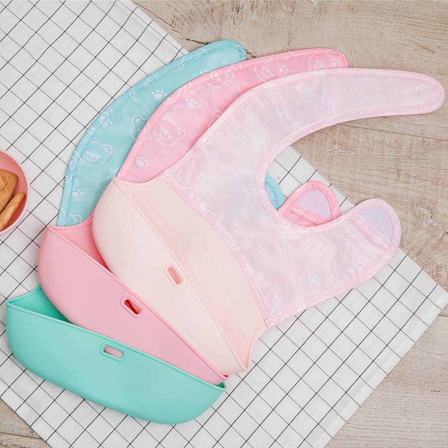 Pink Polyester and Silicone Baby Bib Waterproof Easy Clean Baby Feeding Bibs